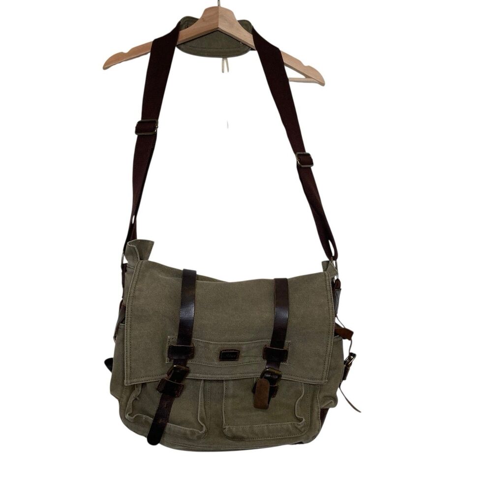 Vintage Military Leather Canvas Laptop Bag Messenger Army Green Adjustable Strap